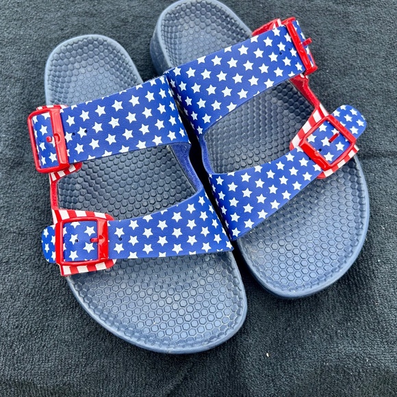 BIRKENSTOCK BIRKIS SANDALS BIRKI’S 36 SZ 5 RED WHITE BLUE AMERICAN FLAG - Picture 1 of 5